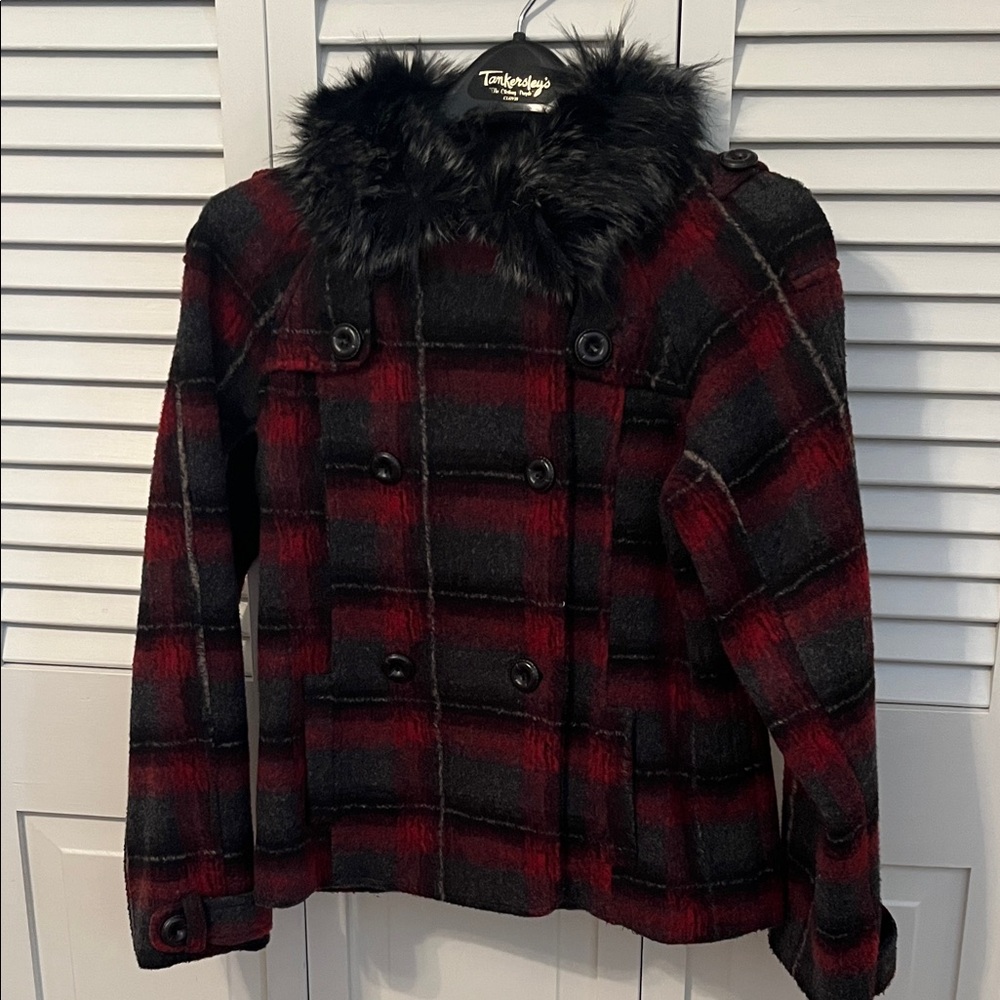 Tasha Polizzi Black and Red Plaid Jacket with Faux Fur